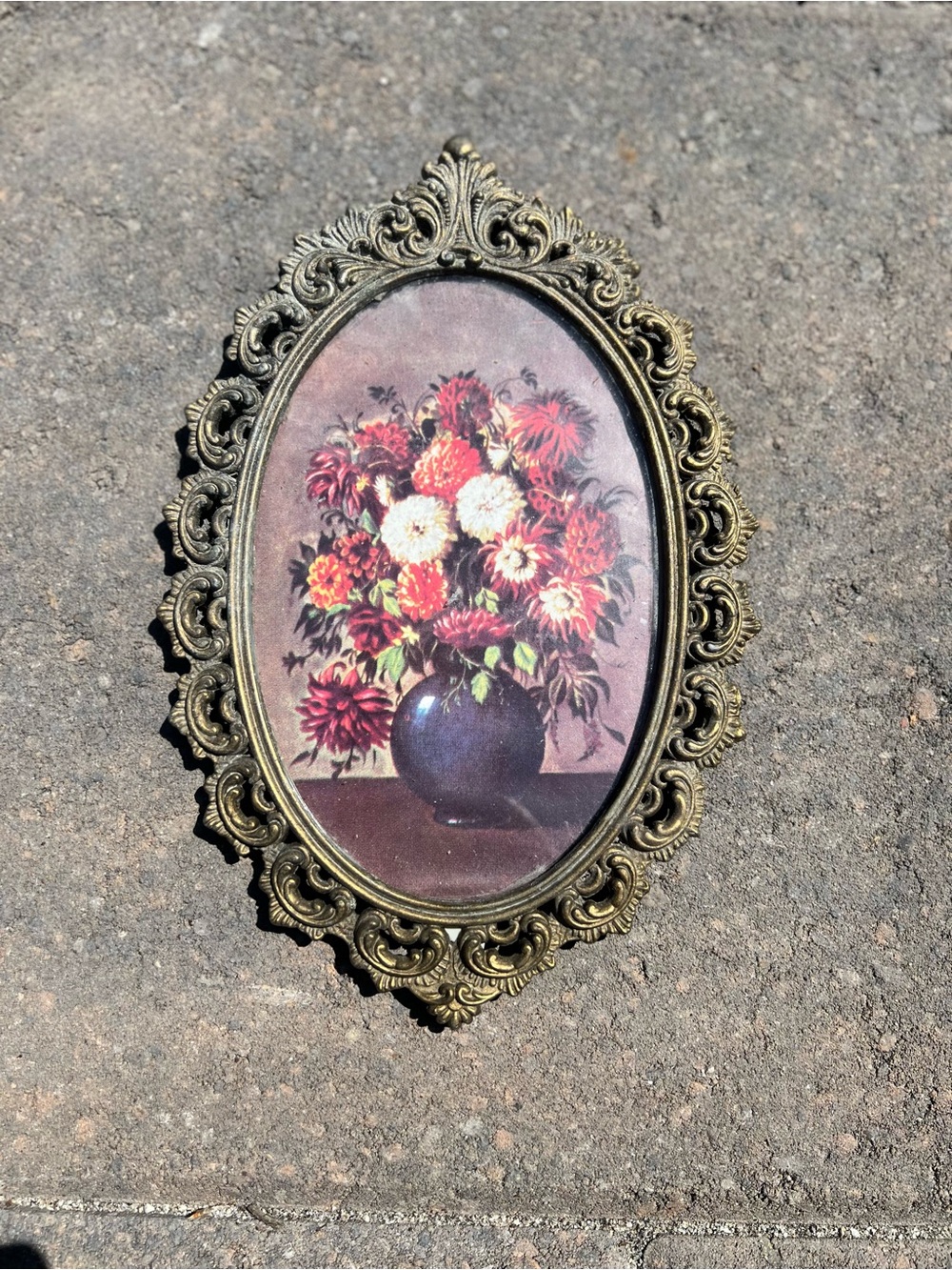 Vintage Italian Ornate Brass Oval Frame Floral Print Handcrafted in Italy